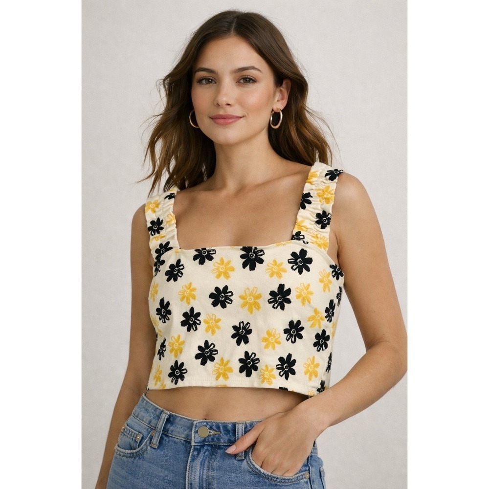 Zara Daisy Floral Crop Top Womens M Yellow Black Wide Strap Summer Tank